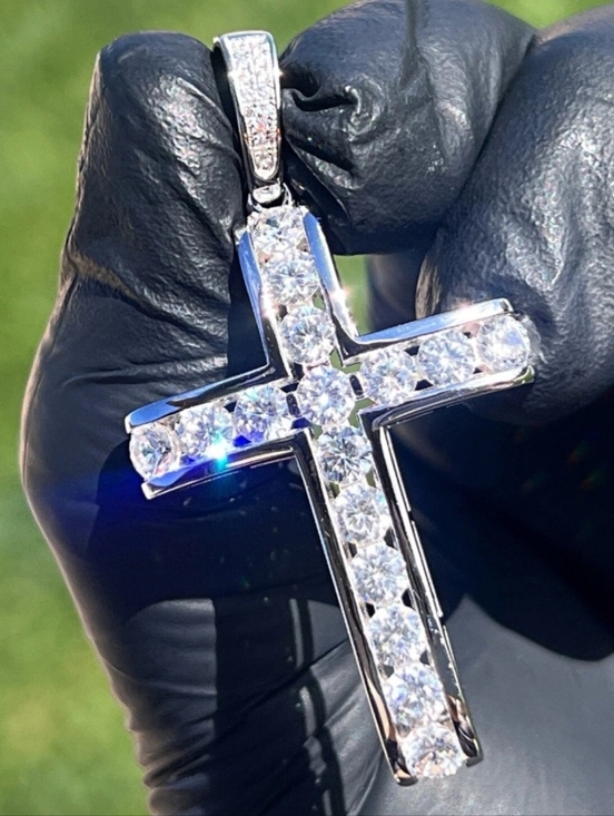 HarlemBling Jewelry - Iced Channel Set VVS1 Mossinite Tennis Cross Pendant / Real 925 Silver NEW